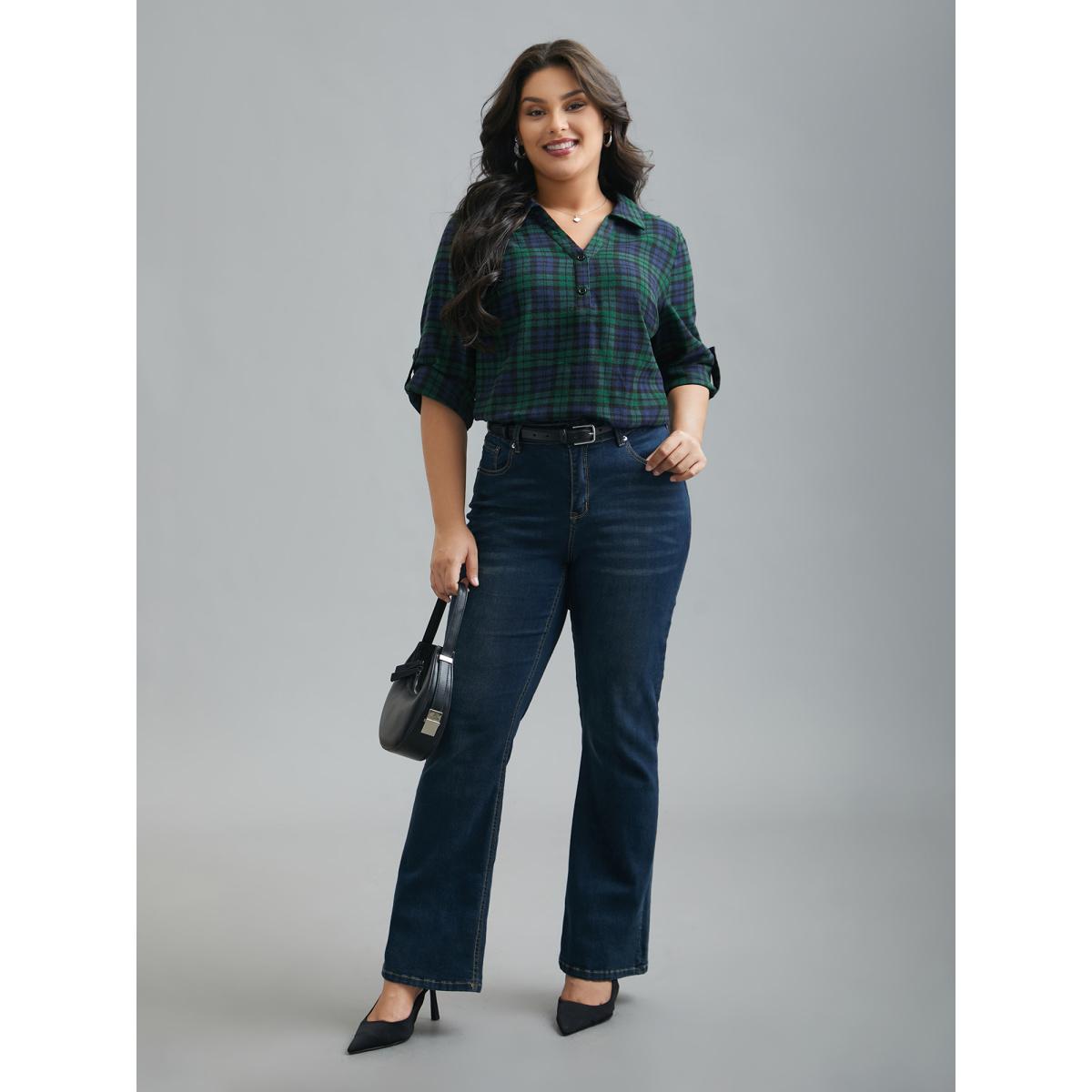 Plus Size DarkGreen Plaid Print Tab Sleeve Blouse Women At the Office Elbow-length sleeve Shirt collar Work Blouses BloomChic 28/5X Product Image