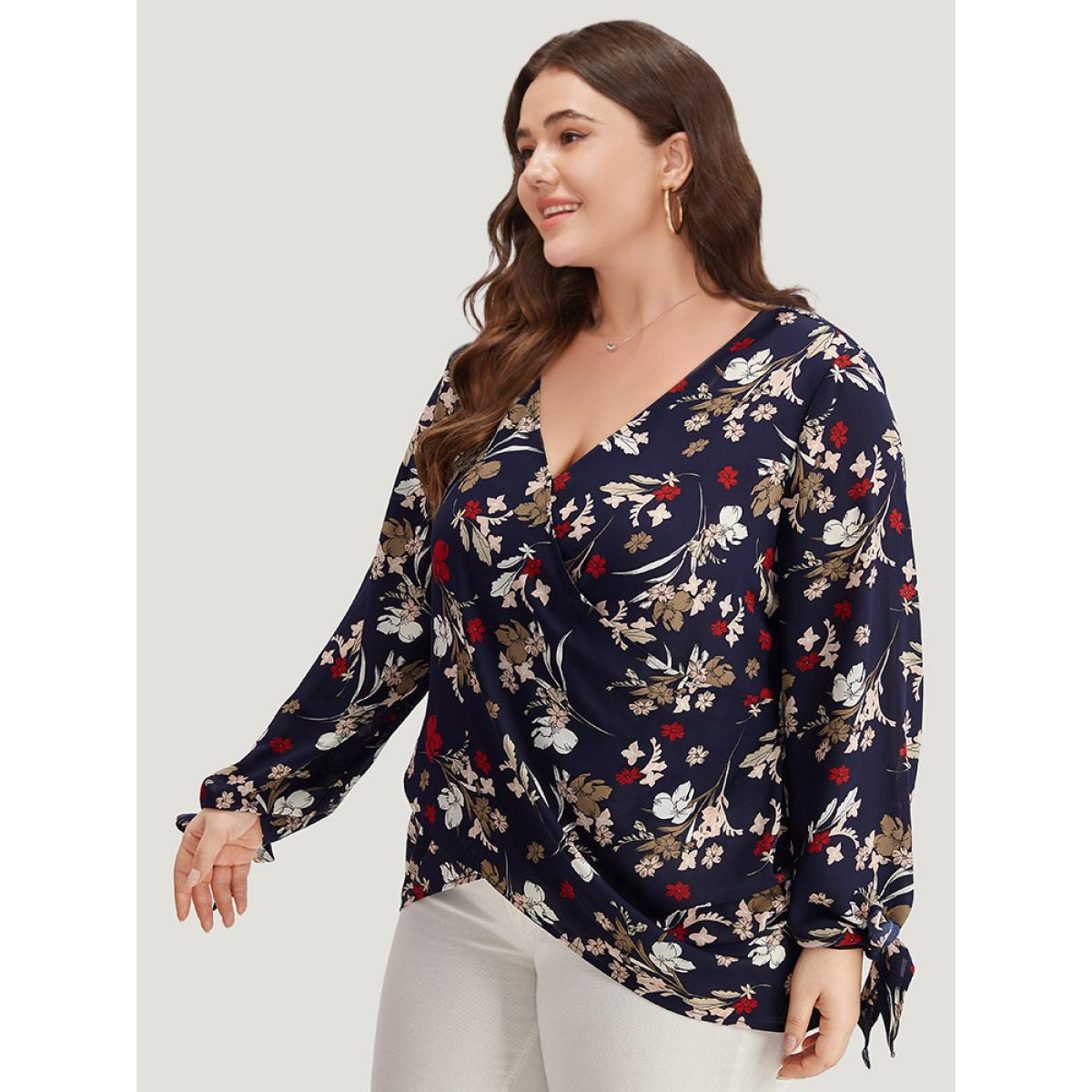 Plus Size Indigo Floral V Neck Wrap Twist Sleeve Blouse Women Elegant Long Sleeve V-neck Dailywear Blouses BloomChic 26/4X Product Image