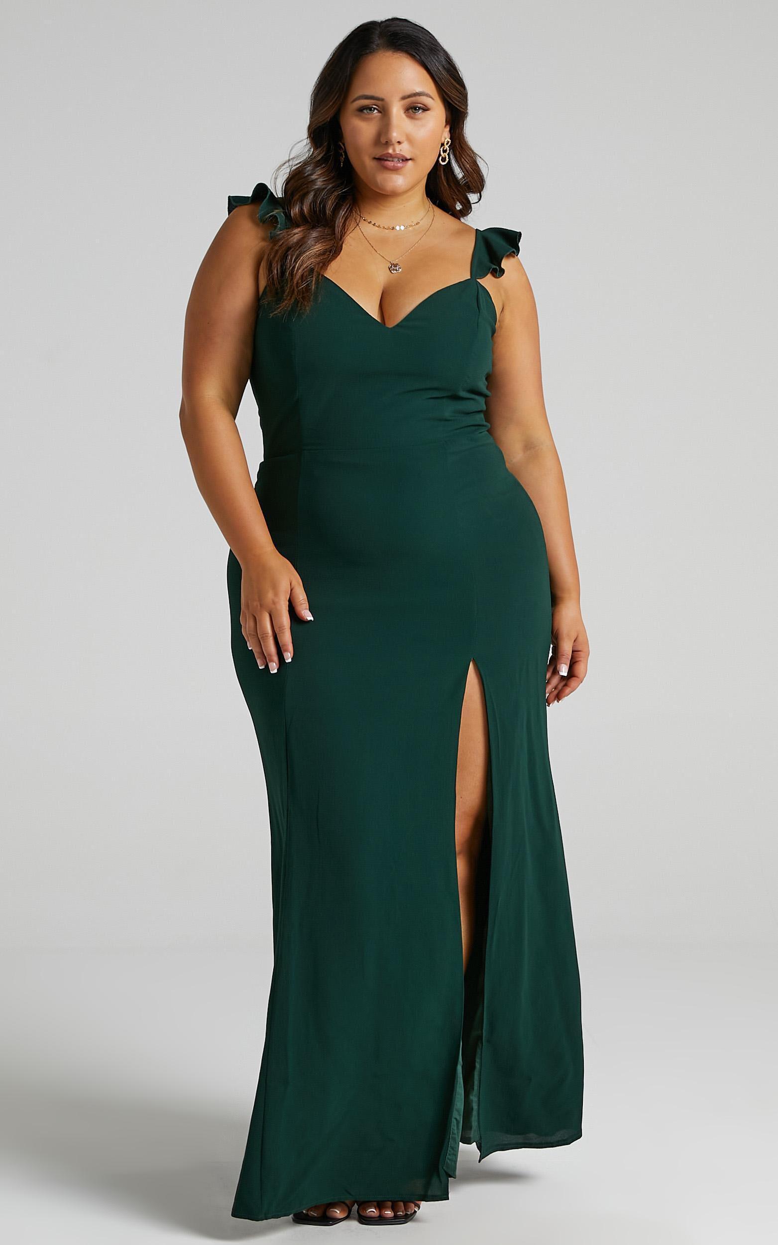 More Than This Maxi Dress - Ruffle Strap Thigh Split Dress in Emerald Product Image