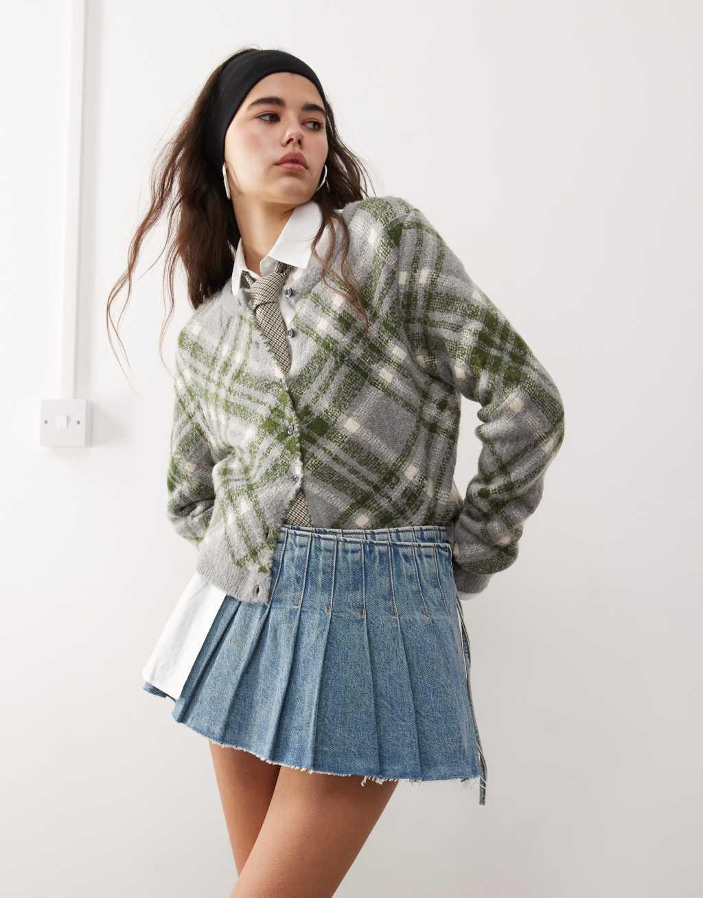 Monki pleated denim mini wrap skirt in mid blue wash Product Image