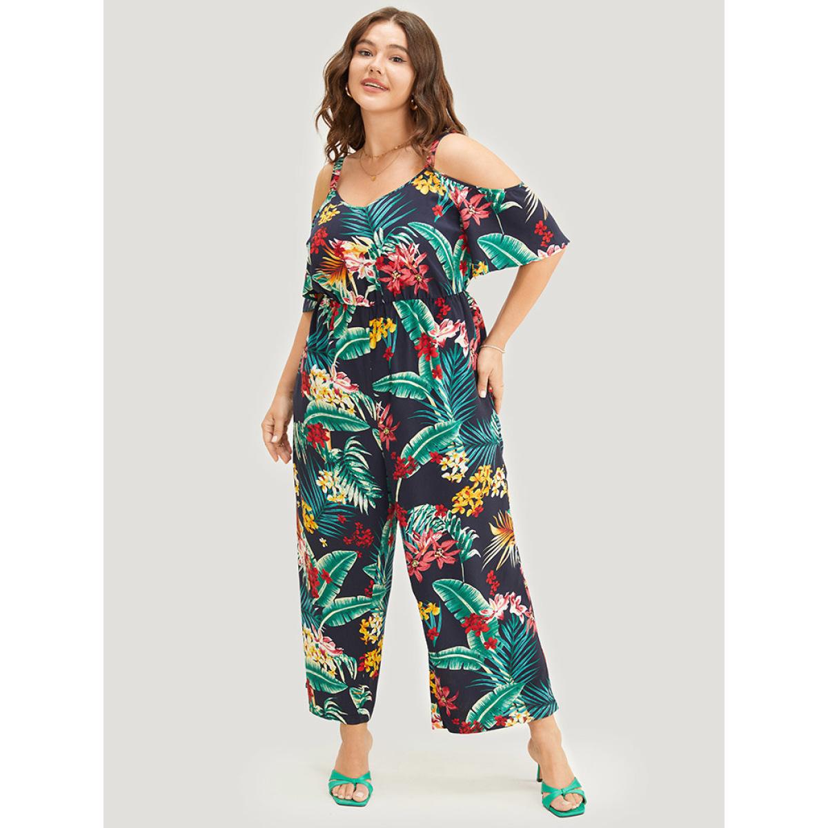 Plus Size Navy Tropical Print Pocket Cold Shoulder Jumpsuit Women Vacation Short sleeve Cold Shoulder Dailywear Loose Jumpsuits BloomChic 12/L Product Image