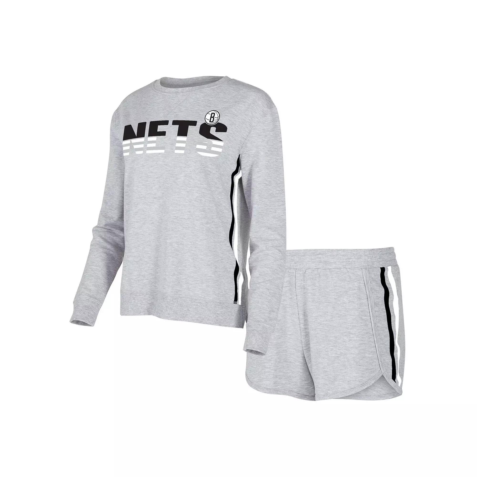 Women's Concepts Sport Gray Brooklyn Nets Cedar Long Sleeve T-Shirt & Shorts Sleep Set, Size: Large, Grey Product Image