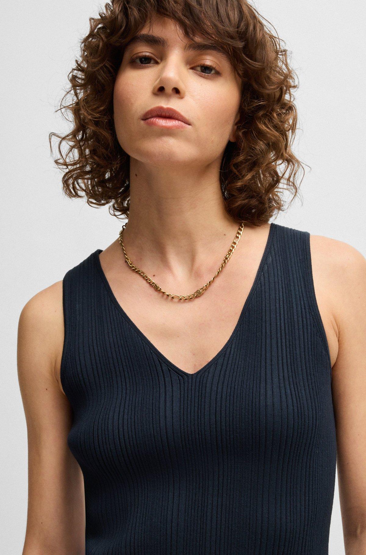 BOSS - Knitted dress with lustrous structured skirt - Dark Blue Product Image