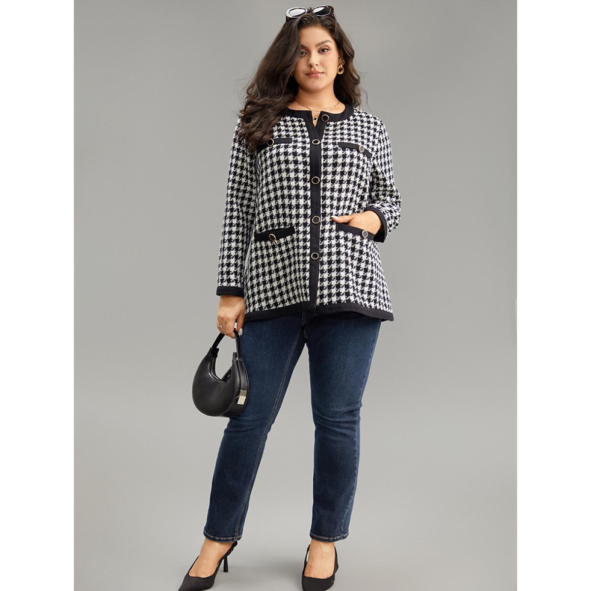 Plus Size Twill Houndstooth Button Detail Pocket Coat Women Black Elegant Texture Ladies Everyday Winter Coats BloomChic 28/5X Product Image