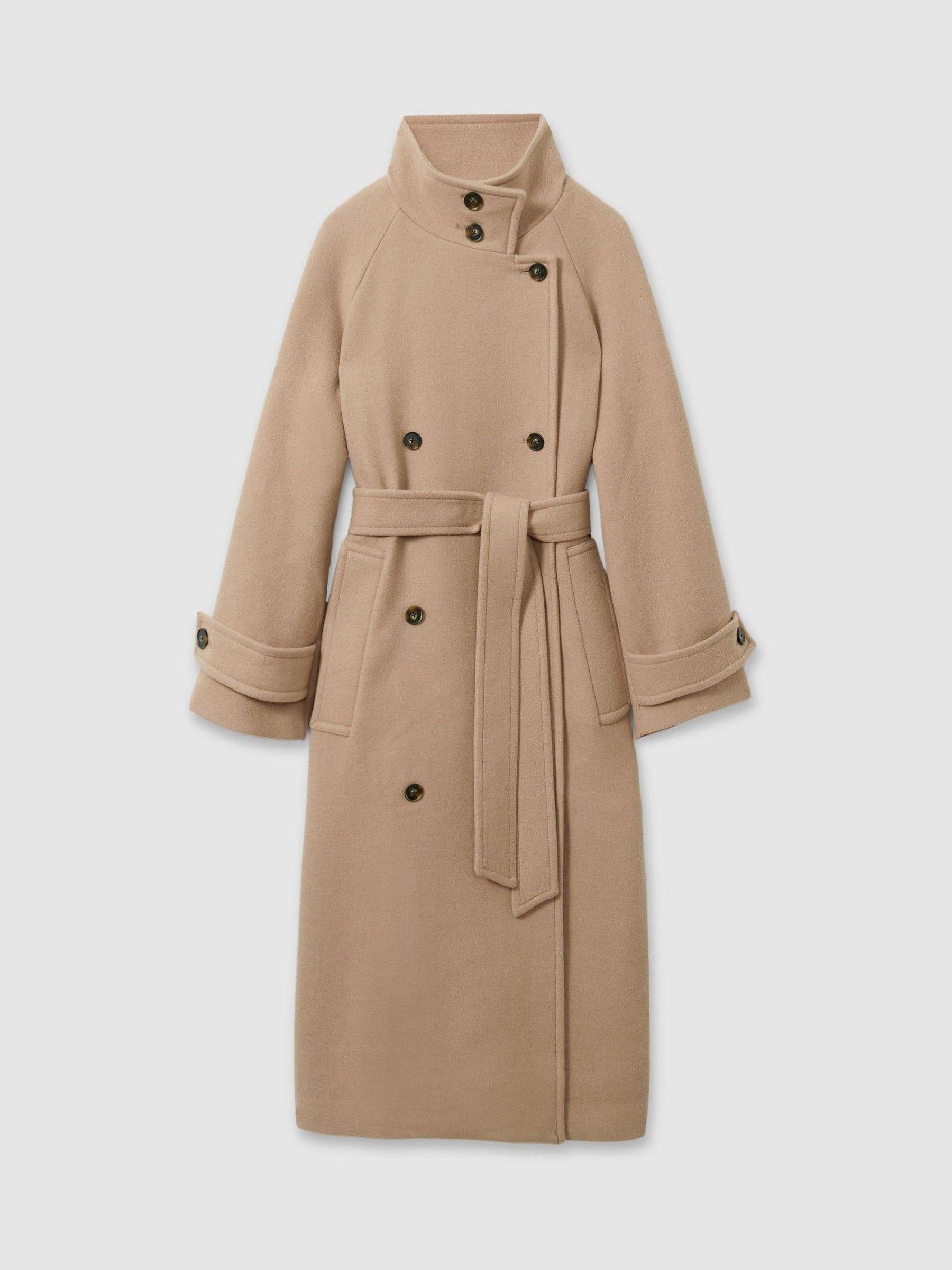 Wool Blend Double Breasted Funnel Neck Coat in Neutral Product Image
