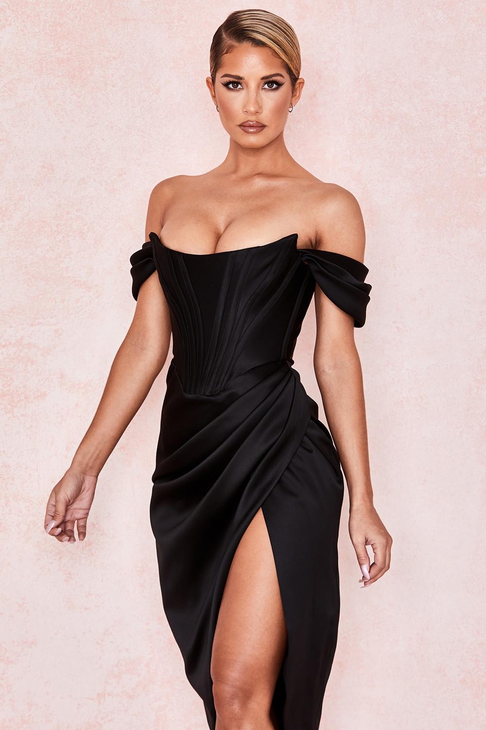 Loretta  black satin off shoulder dress Product Image