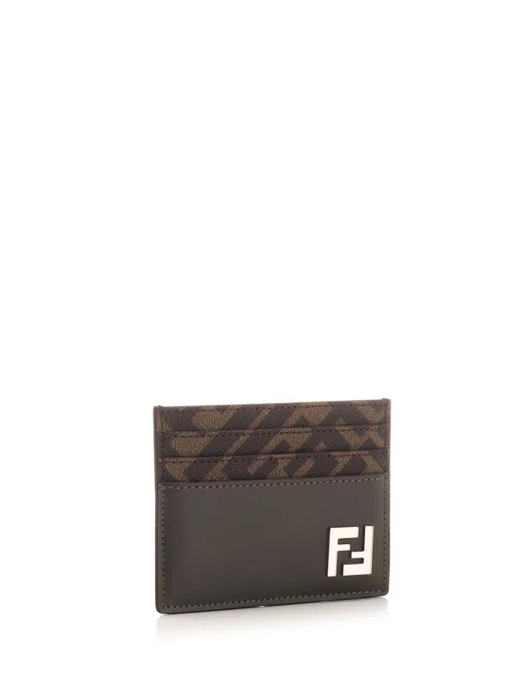 FENDI Brown Card-holder With Squared Ff Motif In Leather And Ff Canvas Man In Ebony Product Image