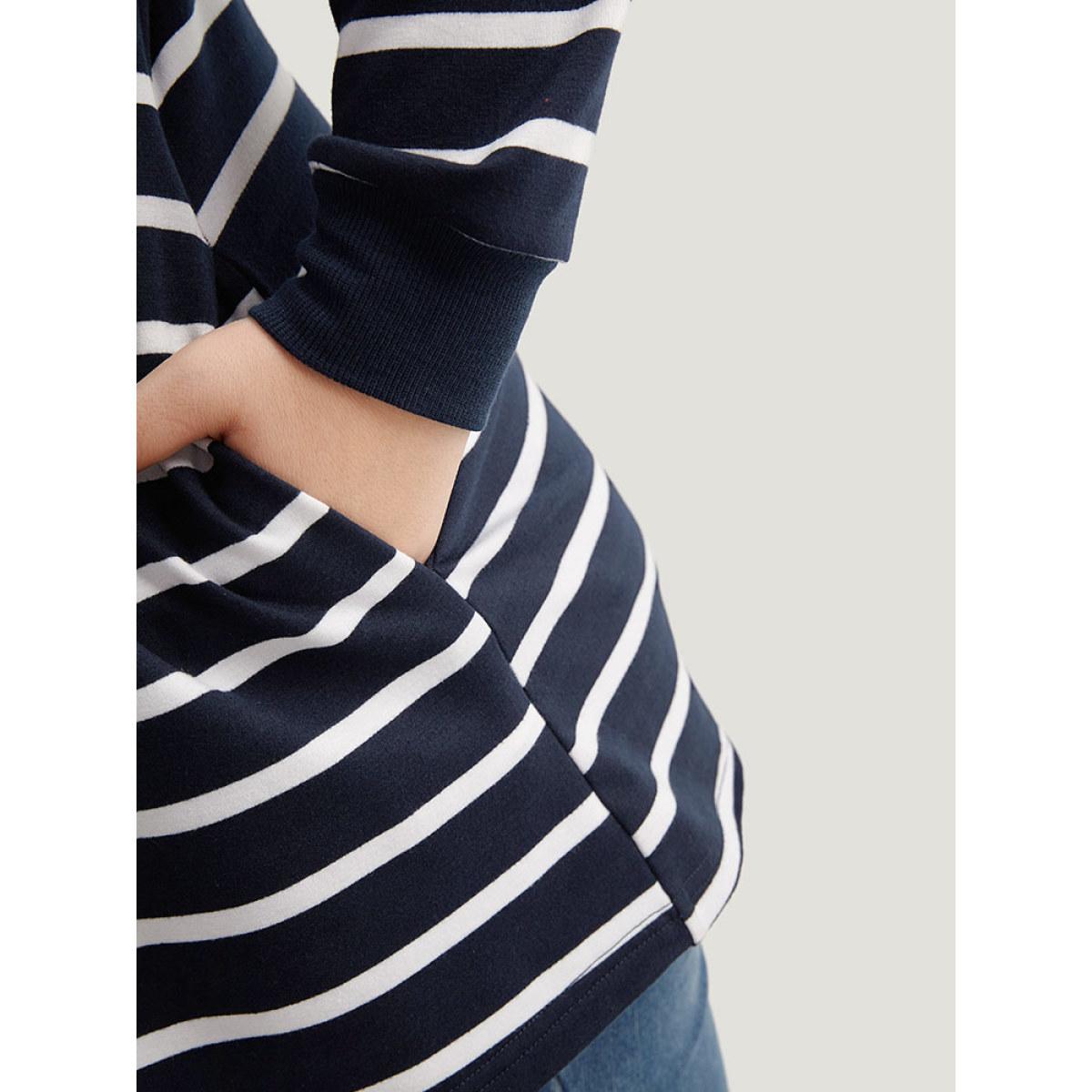 Plus Size Striped Patchwork Pocket Lace Up Sweatshirt Women Indigo Casual Elastic cuffs Notched collar Dailywear Sweatshirts BloomChic 12/L Product Image