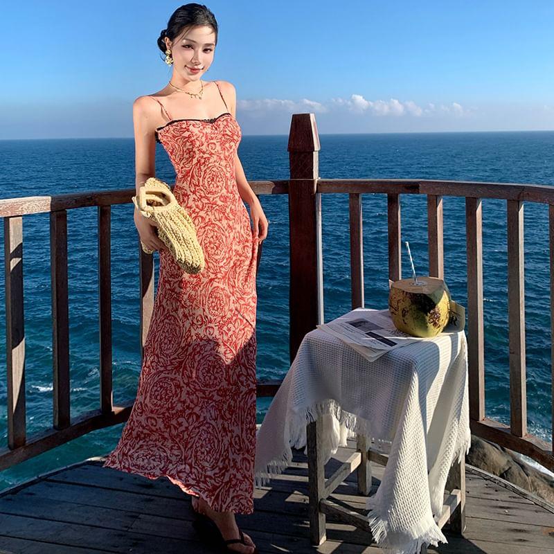 Spaghetti Strap Floral Print Midi Mermaid Dress Product Image