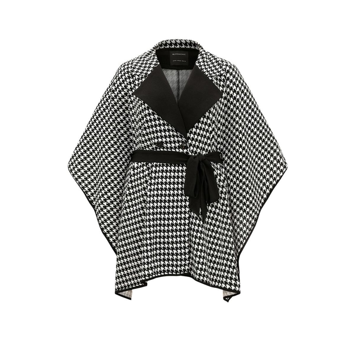 Plus Size Houndstooth Dolman Sleeve Lapel Collar Belted Coat Women Black Casual Belted Loose Ladies Dailywear Winter Coats BloomChic 14-16/1X Product Image