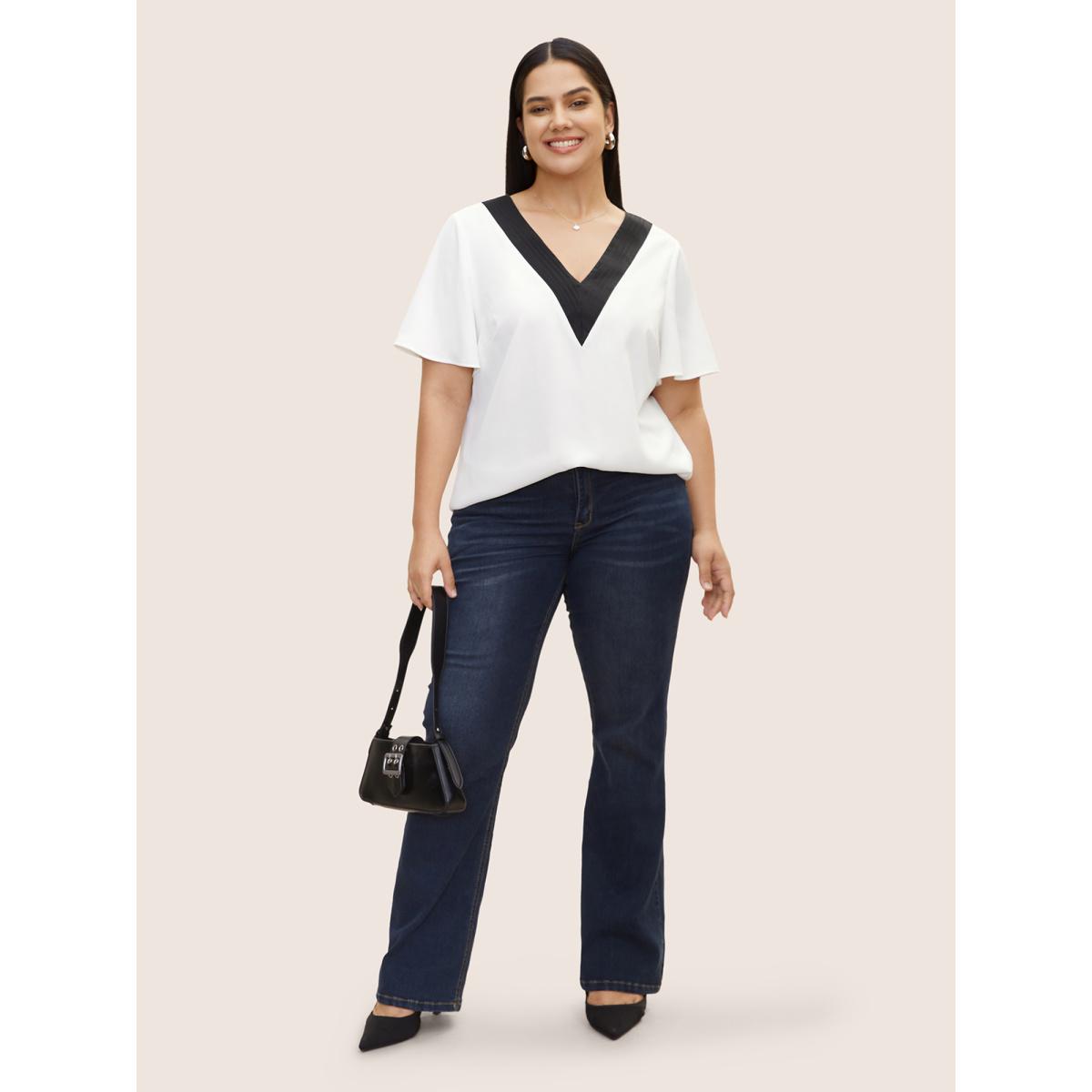 Plus Size WhiteSmoke Contrast Trim Pleated Flutter Sleeve Blouse Women At the Office Short sleeve V-neck Office Blouses BloomChic 10/M Product Image