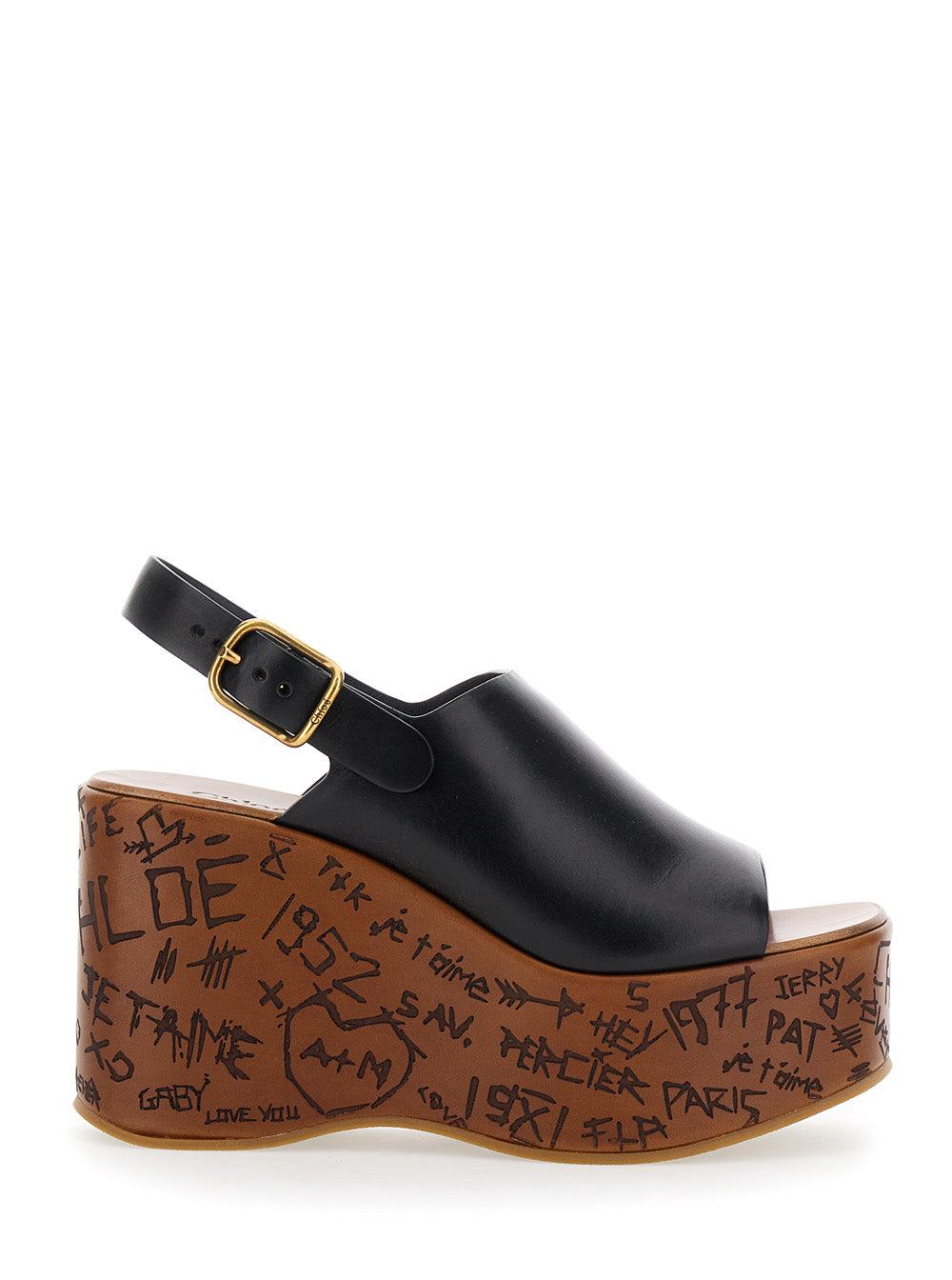 CHLOÉ Maxime Leather Slingback Platform Wedge Sandals In Black Product Image