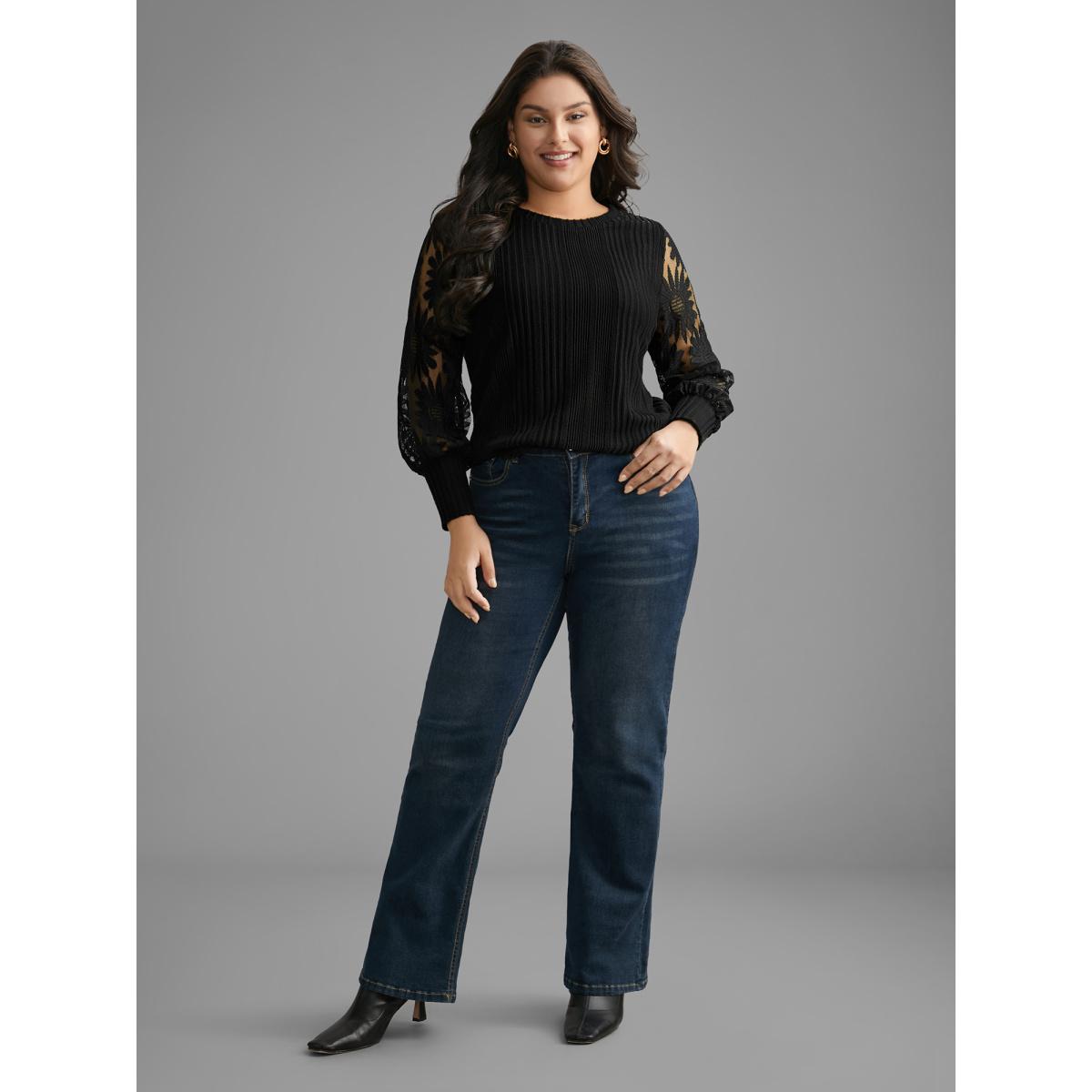 Plus Size Texture Lace Patchwork Mesh T-shirt Black Women Elegant Texture Round Neck Everyday T-shirts BloomChic 30/6X Product Image