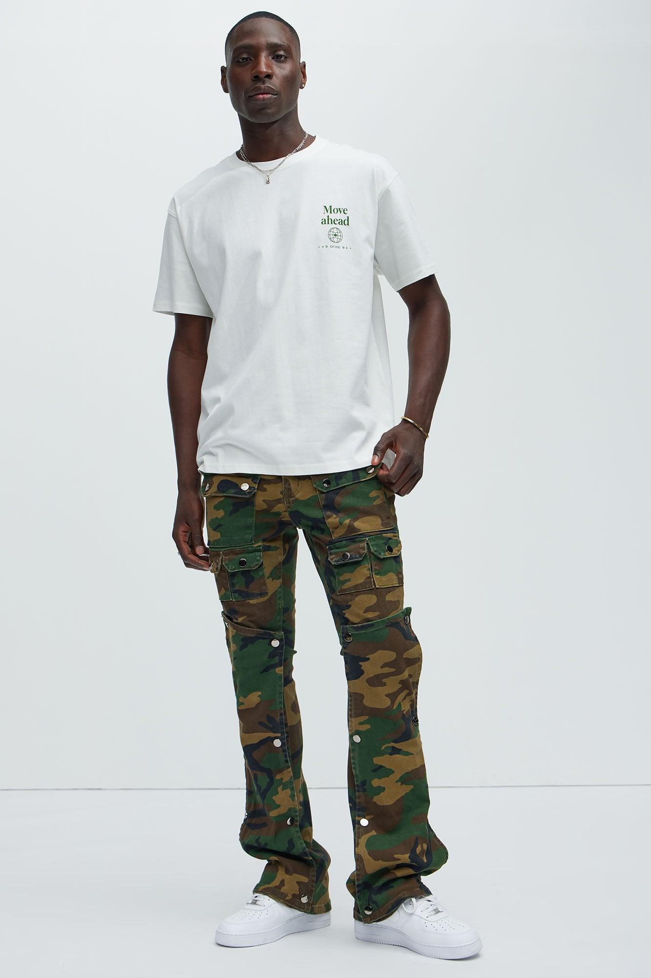 Utility Snap Pockets Slim Flare Pants - Camouflage Product Image