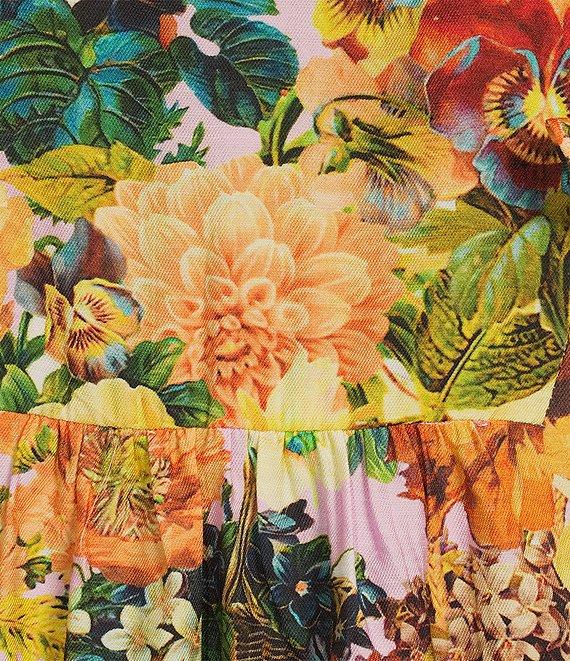 Calessa Embroidered Vintage Floral Print Split V-Neck Ruffled Cap Sleeve Tunic Product Image