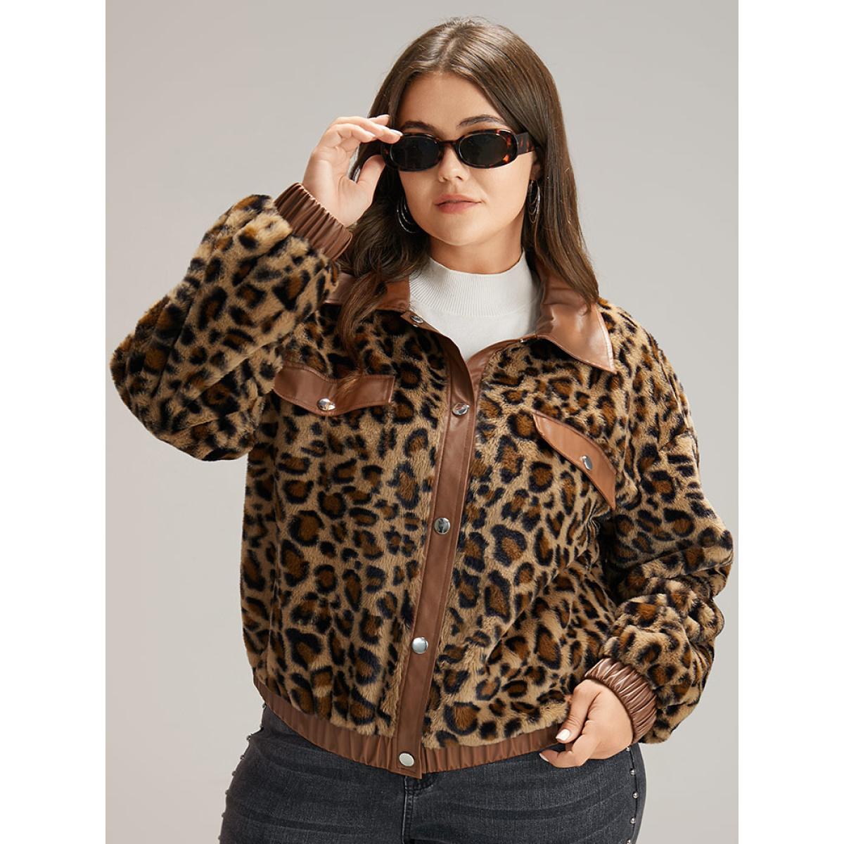 Plus Size Leopard Patchwork Button Through Jacket Women Leopard Elastic cuffs Dailywear Jackets BloomChic 10/M Product Image