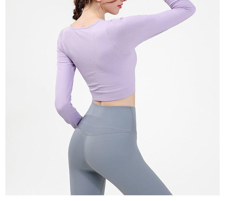 Long-Sleeve Round Neck Plain Crop Yoga T-Shirt Product Image