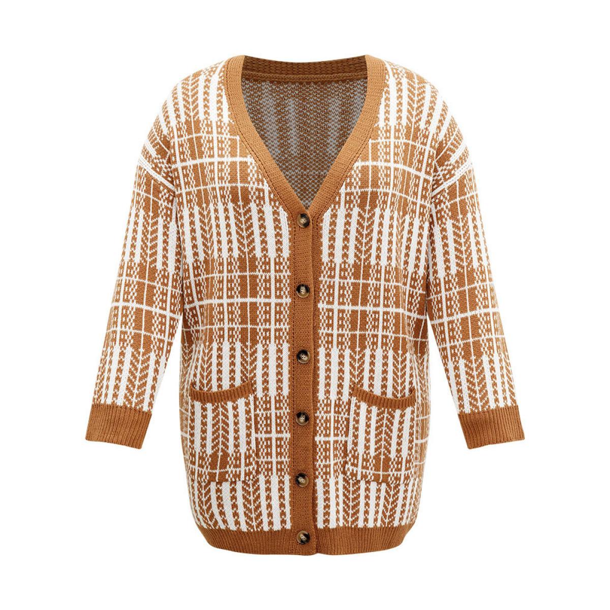 Plus Size Boho Print Contrast Pocket Open Front Cardigan Chocolate Women Casual Loose Long Sleeve Dailywear Cardigans BloomChic 30/6X Product Image