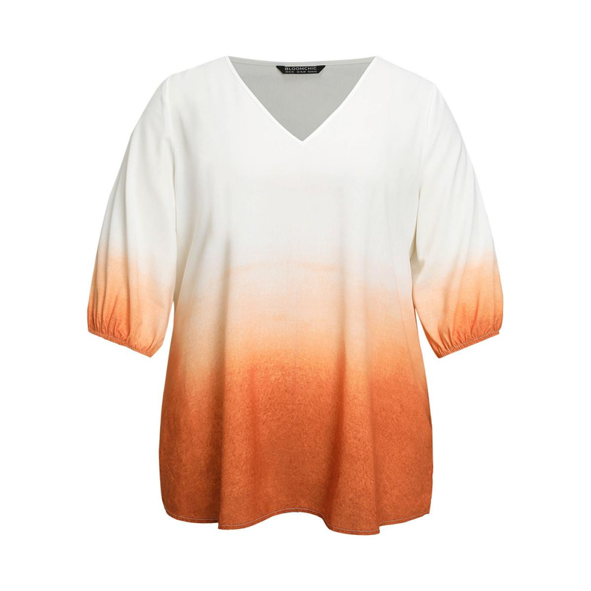 Plus Size Orange Ombre Printed Lantern Sleeve Blouse Women Vacation Elbow-length sleeve V-neck Dailywear Blouses BloomChic 10/M Product Image