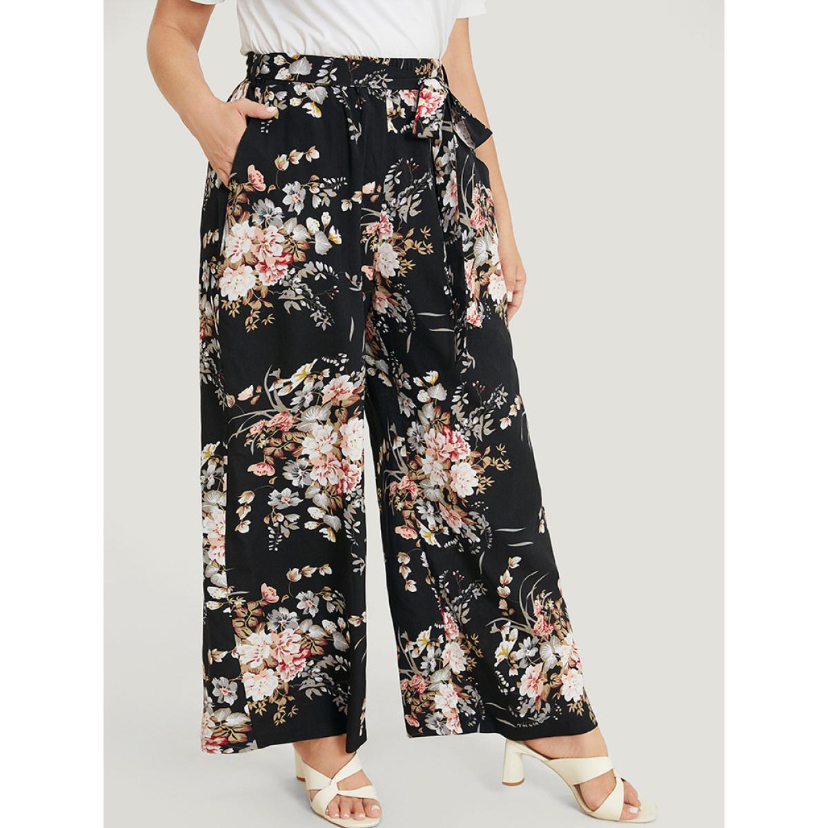Plus Size Floral Pocket High Rise Wide Leg Belt Pants Women BlackFlower Elegant Loose High Rise Dailywear Pants BloomChic 18-20/2X Product Image