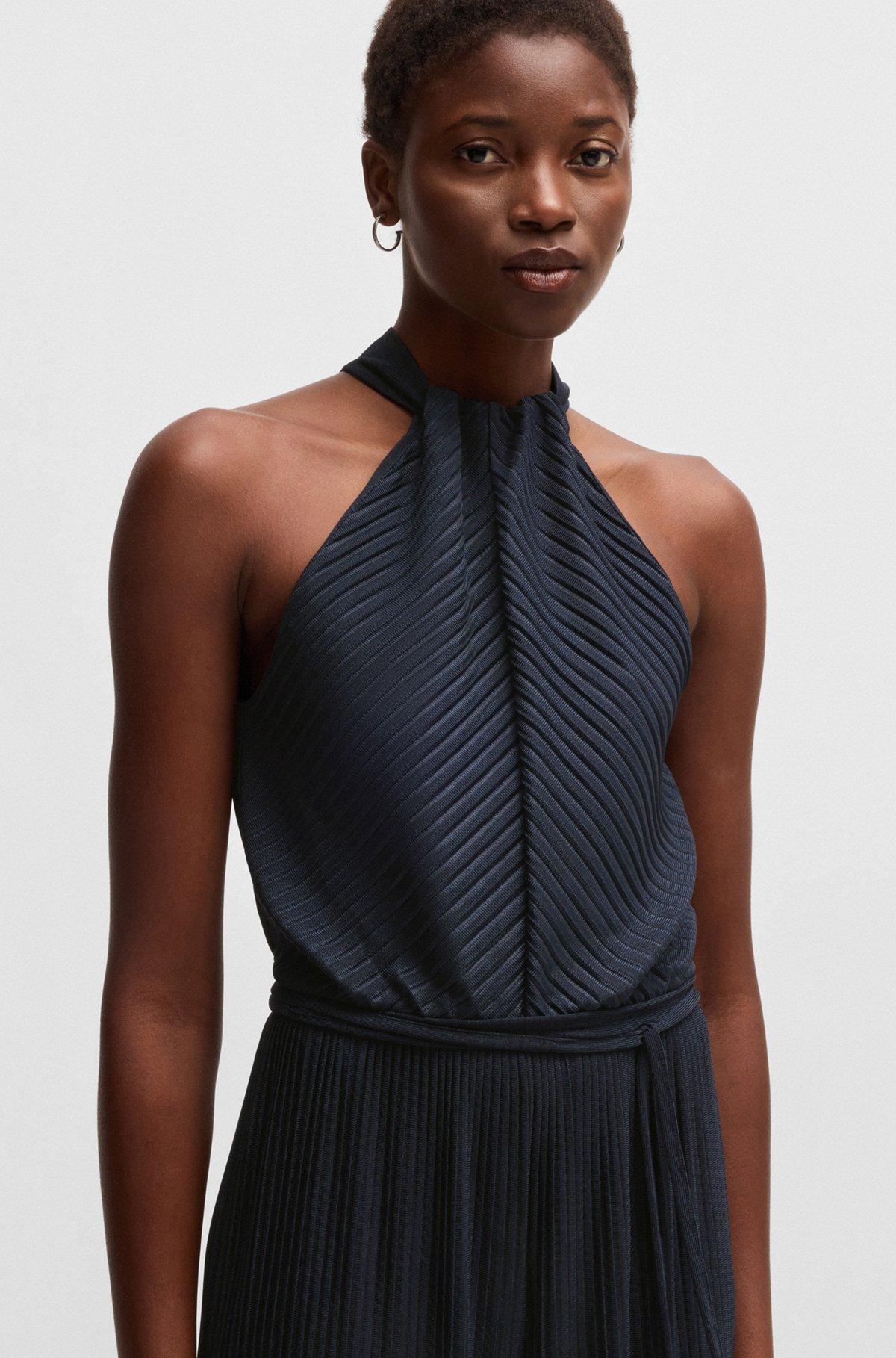 BOSS - Sleeveless jumpsuit with plissé pleats and tie belt - Dark Blue Product Image