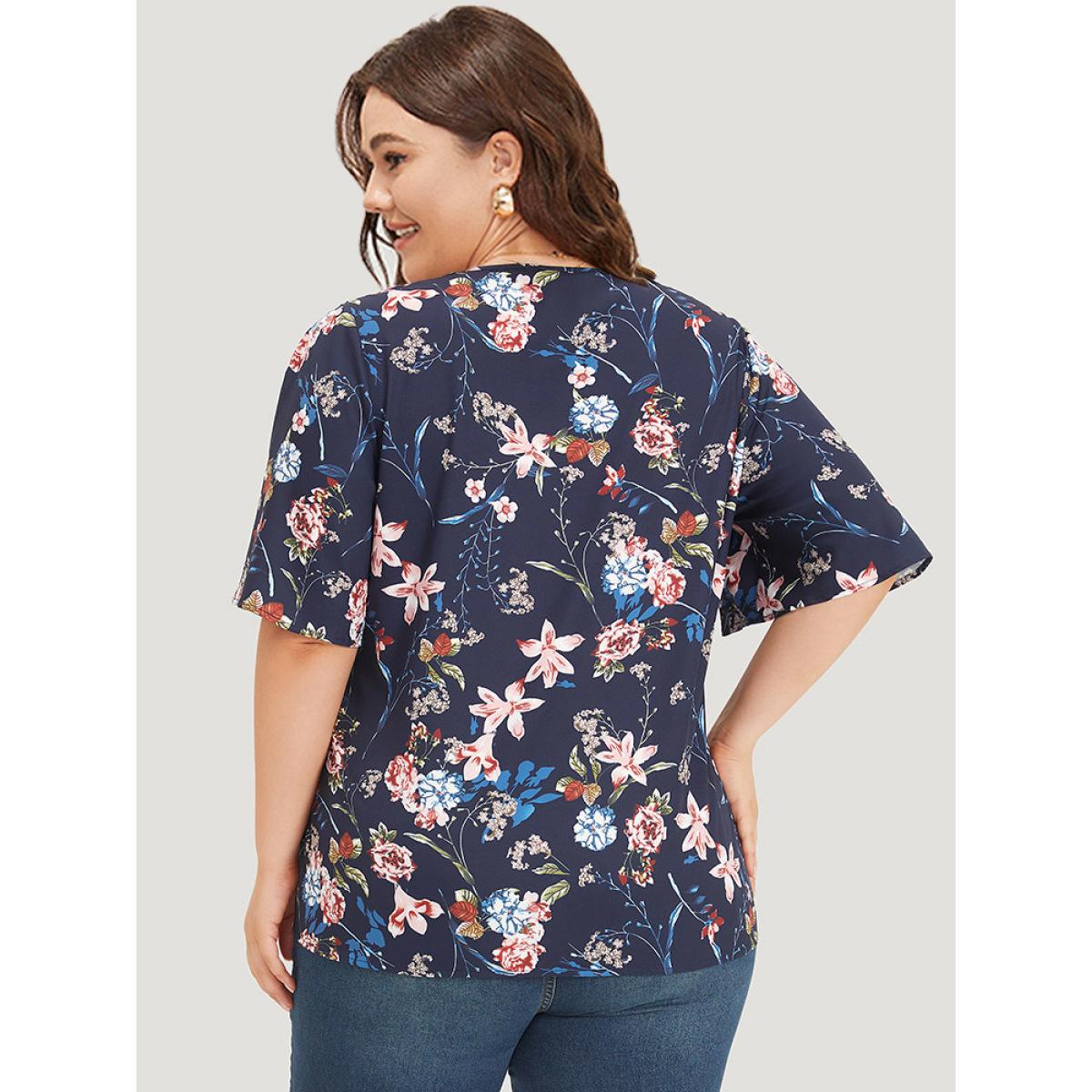 Plus Size Indigo Floral Print V Neck Ruffle Sleeve Twist Hem Blouse Women Elegant Half Sleeve V-neck Dailywear Blouses BloomChic 28/5X Product Image
