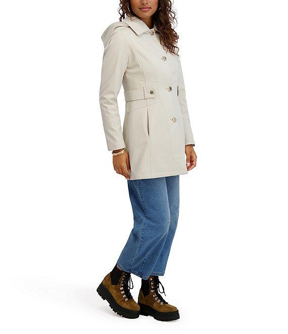 Kensie Water Resistant Hooded Point Collar Long Sleeves Side Tab Button Front Softshell Trench Coat Product Image