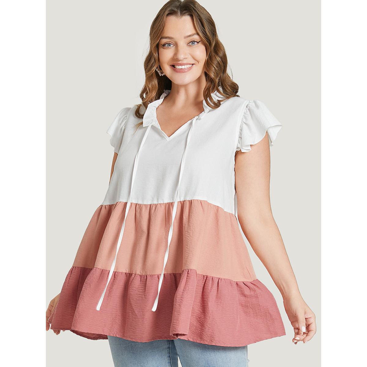 Plus Size Multicolor Colorblock Contrast Cap Sleeve Tie Neck Ruffle Tiered Blouse Women Elegant Cap Sleeve Tie Neck Dailywear Blouses BloomChic 30/6X Product Image