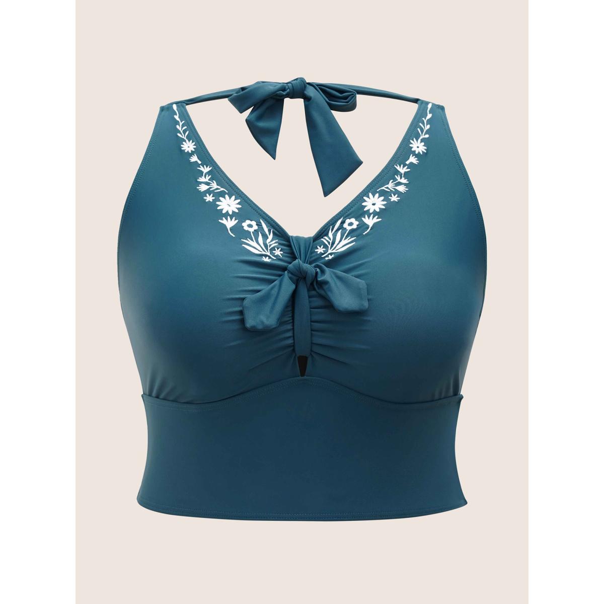 Plus Size Floral Embroidered Knot Ruched Swim Top Women's Swimwear Cyan Beach Non High stretch Skinny V-neck Curve Swim Tops BloomChic 12/L Product Image