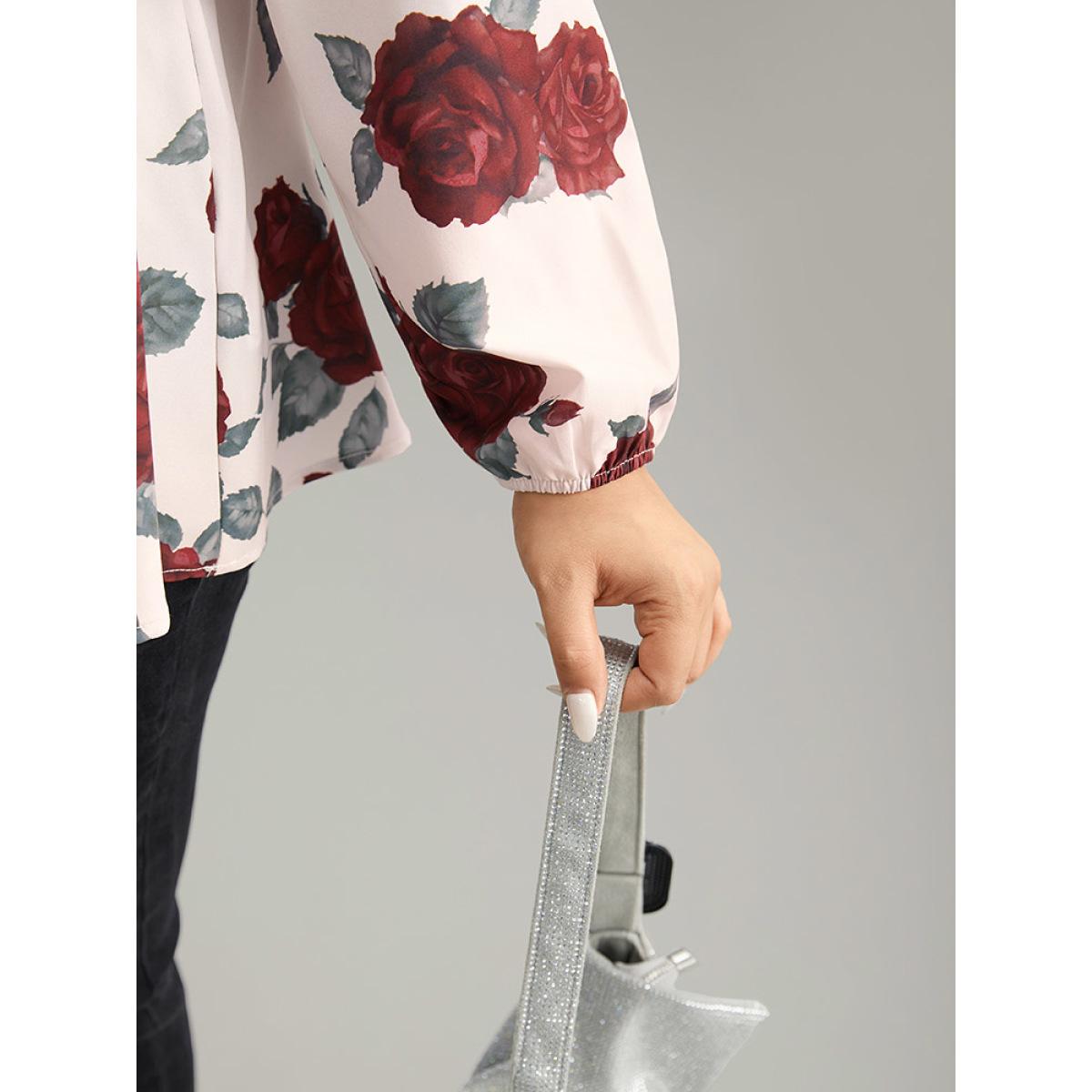 Plus Size Scarlet Floral Print Eyelet Lace Lantern Sleeve Blouse Women Glamour Long Sleeve V-neck Going out Blouses BloomChic 10/M Product Image