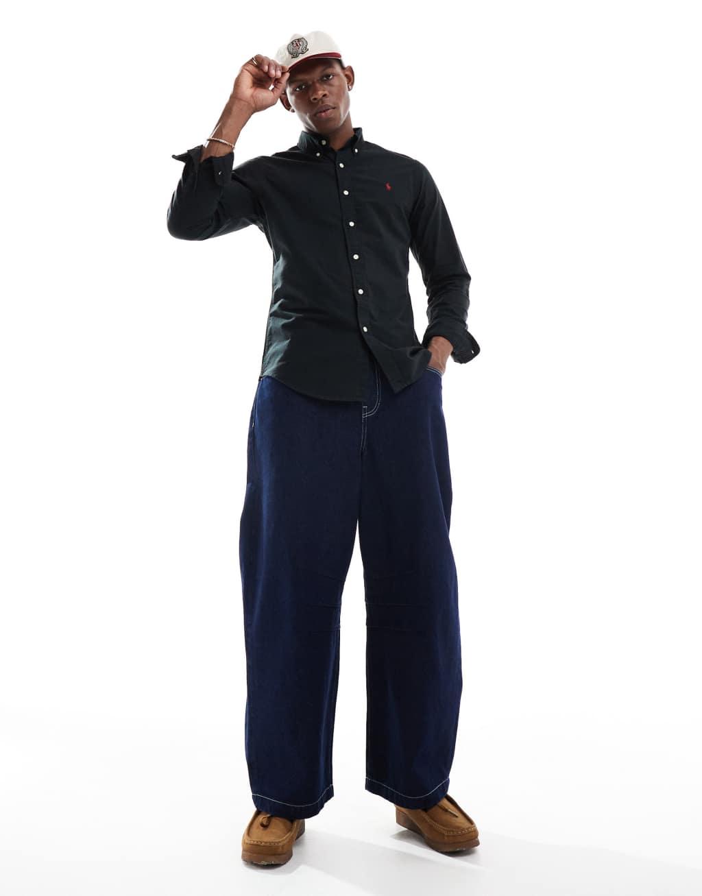 Polo Ralph Lauren icon logo slim fit yarn dyed oxford shirt in black Product Image