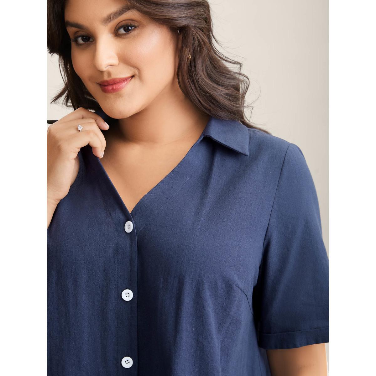 Plus Size Indigo Cotton Collar Button Placket Blouse Women Leisure Half Sleeve Shirt collar Casual Blouses BloomChic 18-20/2X Product Image