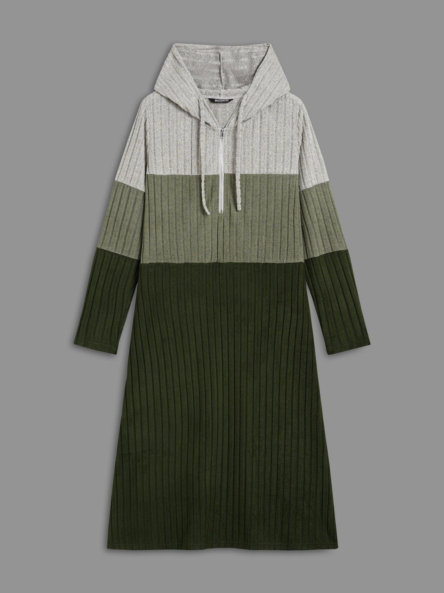 Hooded Half Zip Pit Strip Knit Dress Female Product Image