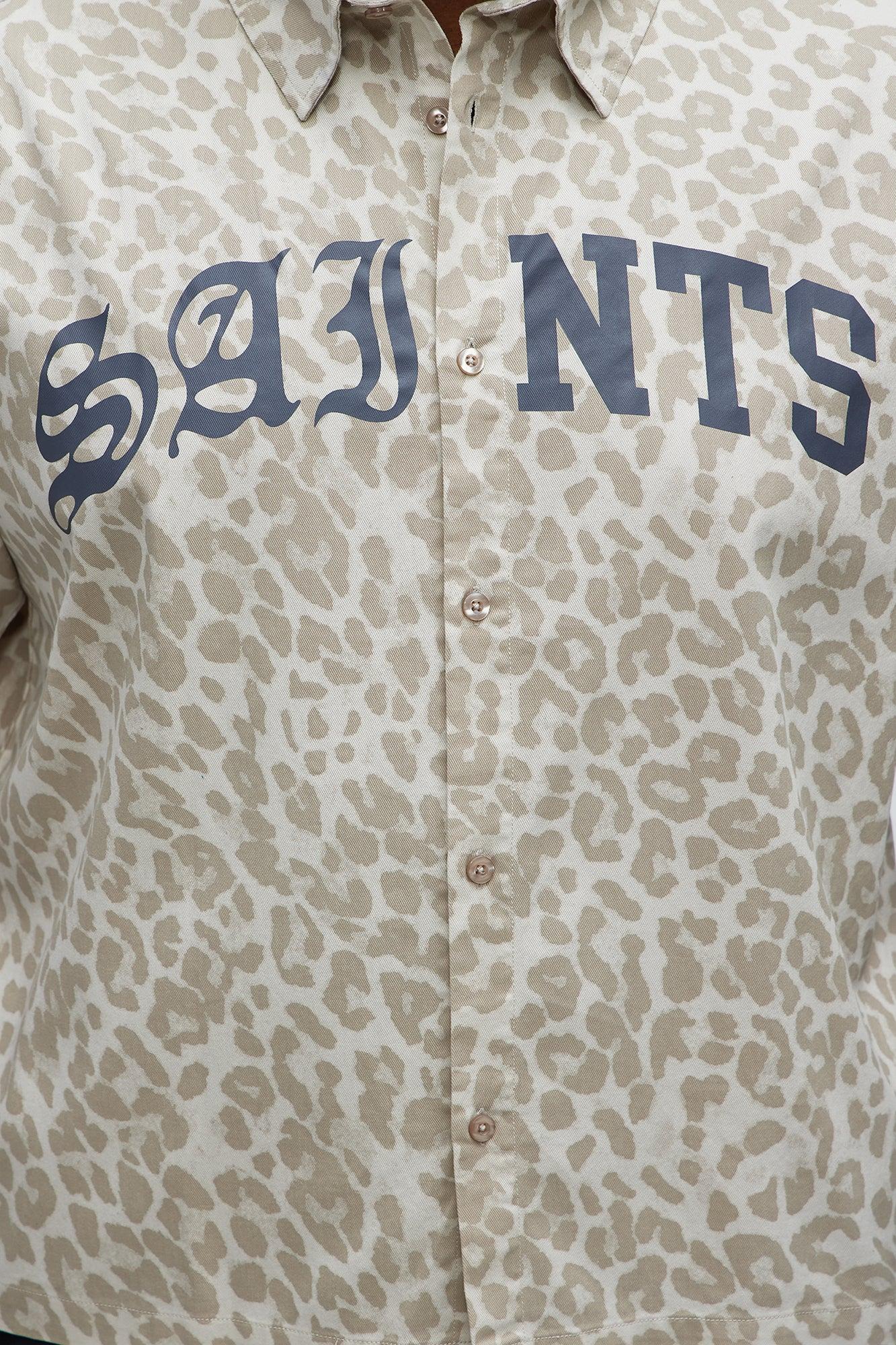 Relaxed Fit Leopard Saints Button Up Shirt - Tan/Multi Male Product Image