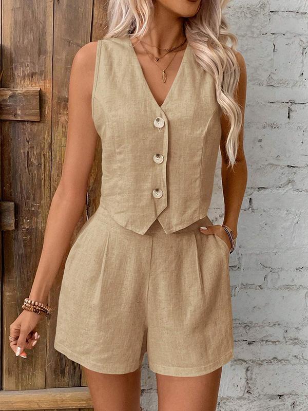 Sleeveless Split-Joint V-Neck Vest + High Waisted Pleated Shorts Two Pieces Set Product Image