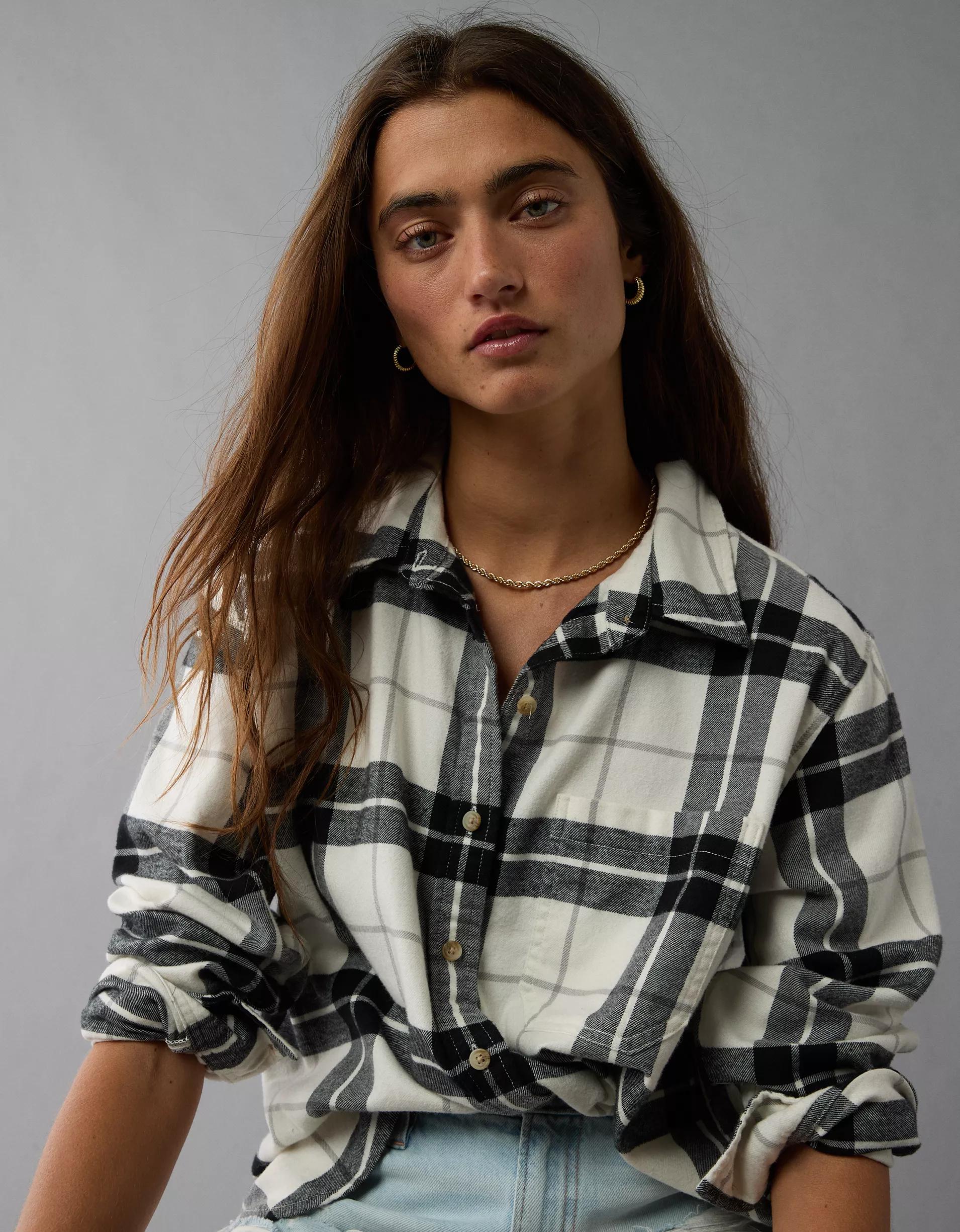 AE Oversized Plaid Button-Up Shirt Product Image
