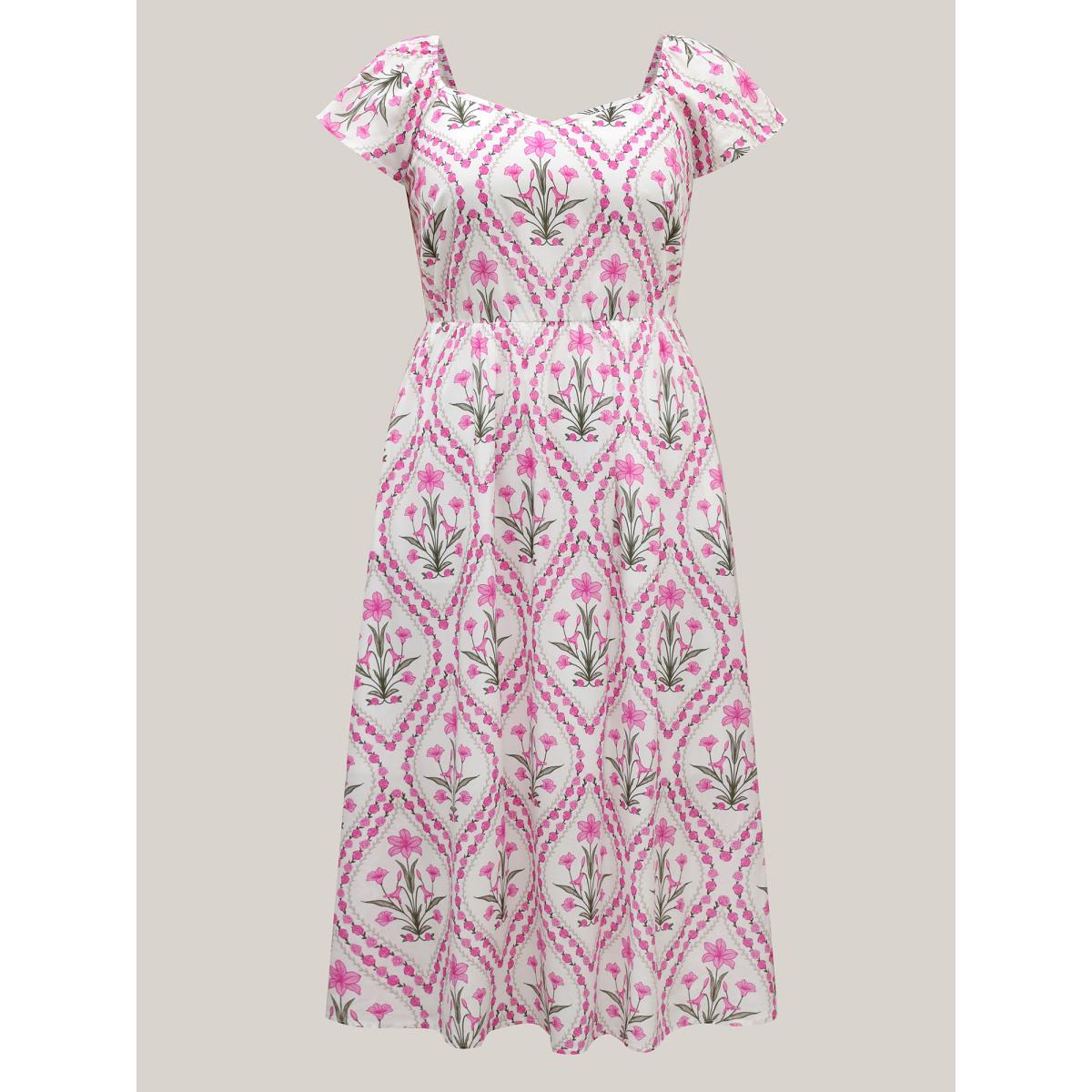 Plus Size Floral Print Pockets Midi Dress Lilac Women Heart neckline Cap Sleeve Curvy BloomChic 28/5X Product Image