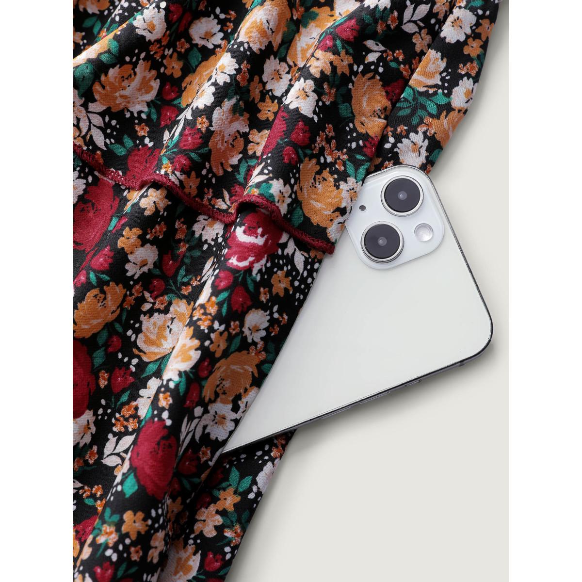 Plus Size Floral Shirred Layered Skirt Mini Dress Black Women Timeless Shirred Square Neck Long Sleeve Curvy BloomChic 22-24/3X Product Image