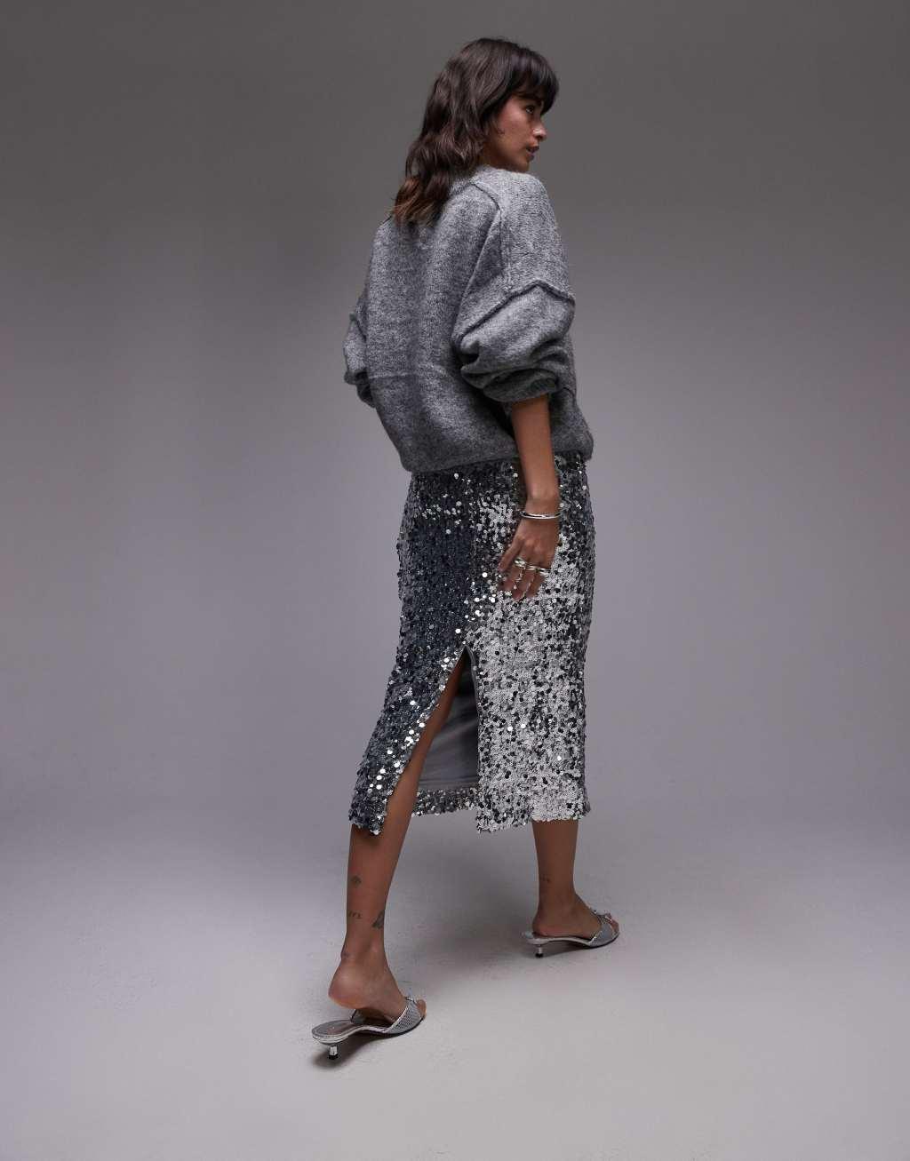 Mango mixed sequin midi skirt in silver Product Image