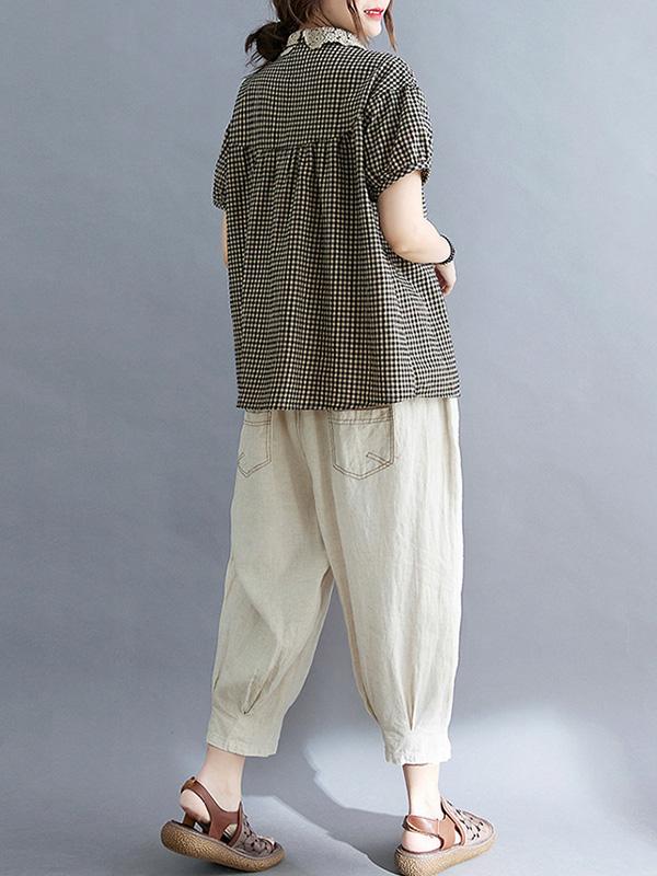 Cotton Blend Plaid Polo Puff Sleeve T-Shirts Tops Product Image