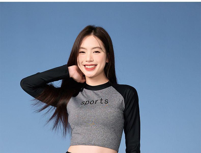 Set: Long-Sleeve Lettering Swim Top + Swim Skirt Product Image