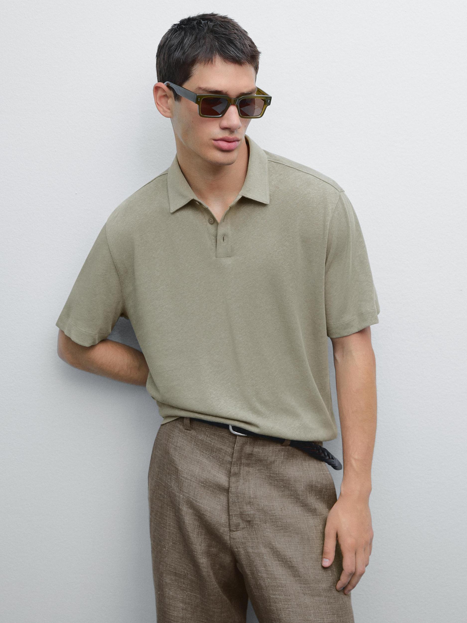 Short sleeve linen blend polo shirt Product Image