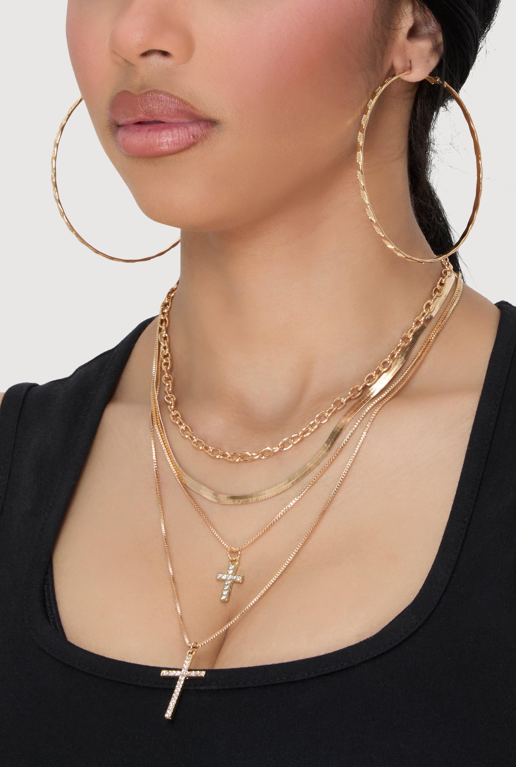 Cross Layered Necklace with Hoop Earring Trio Unisex Product Image