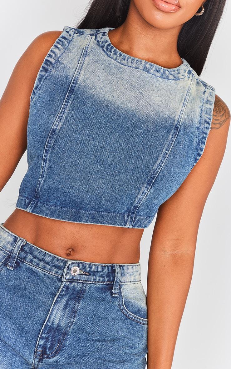 Shape Mid Blue Acid Wash Denim Washed Asymmetric Crop Top Product Image
