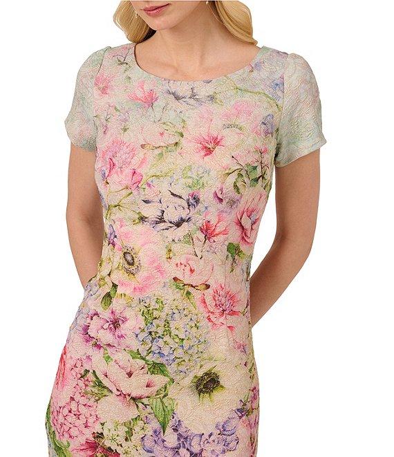 Adrianna Papell Jacquard Floral Print Crew Neck Short Sleeve Sheath Gown Product Image