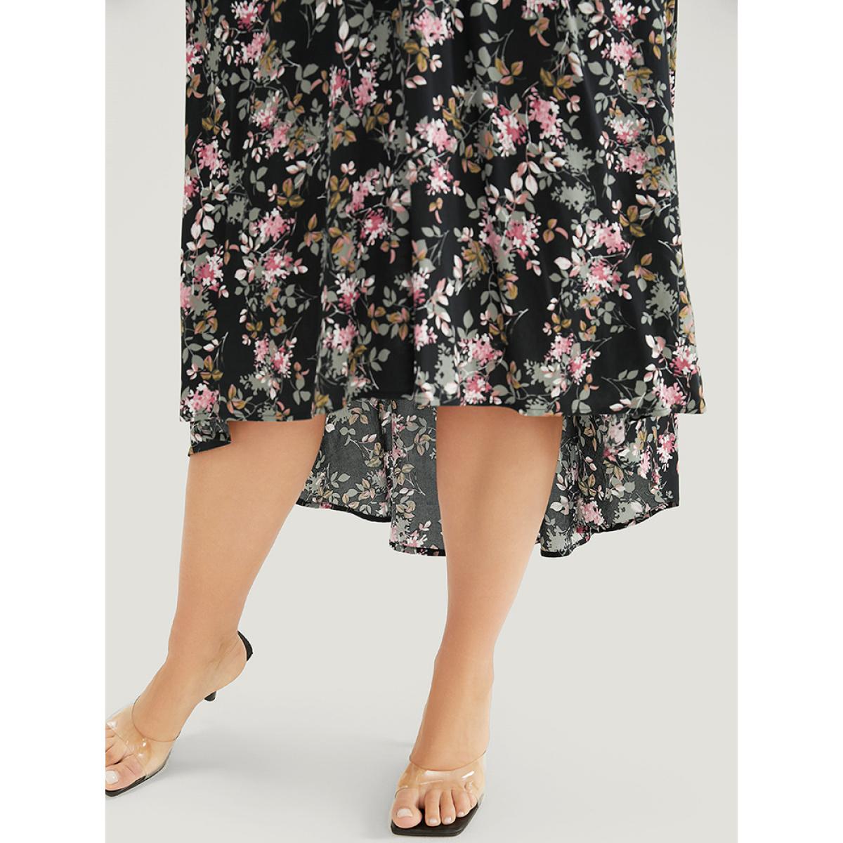 Plus Size Floral Lace Insert Dolman Sleeve Pocket Ruffle High Low Dress Black Women Elegant Lace V-neck Short sleeve Curvy Midi Dress BloomChic 30/6X Product Image