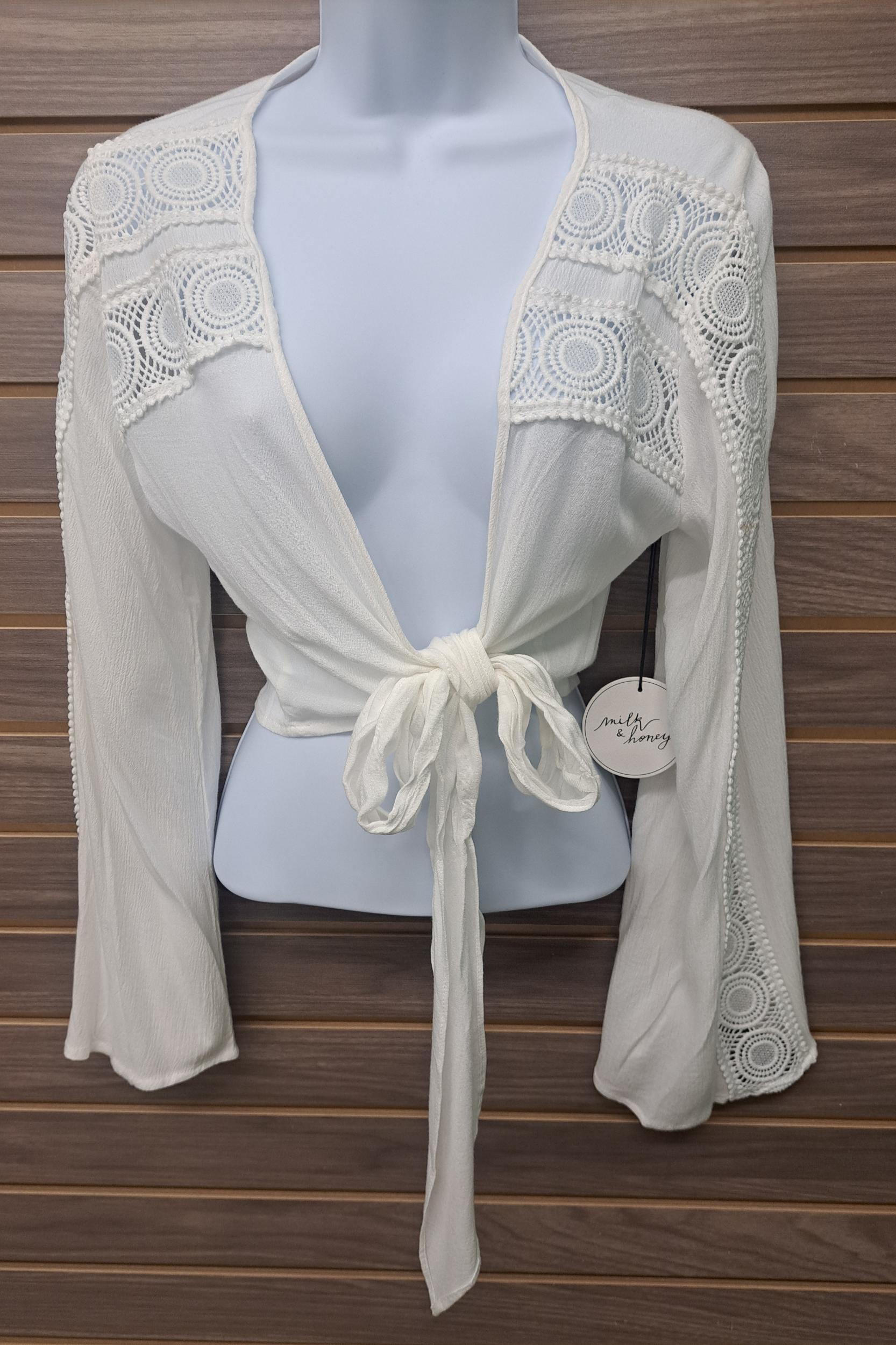 Cream lace front tie cover up jacket Product Image