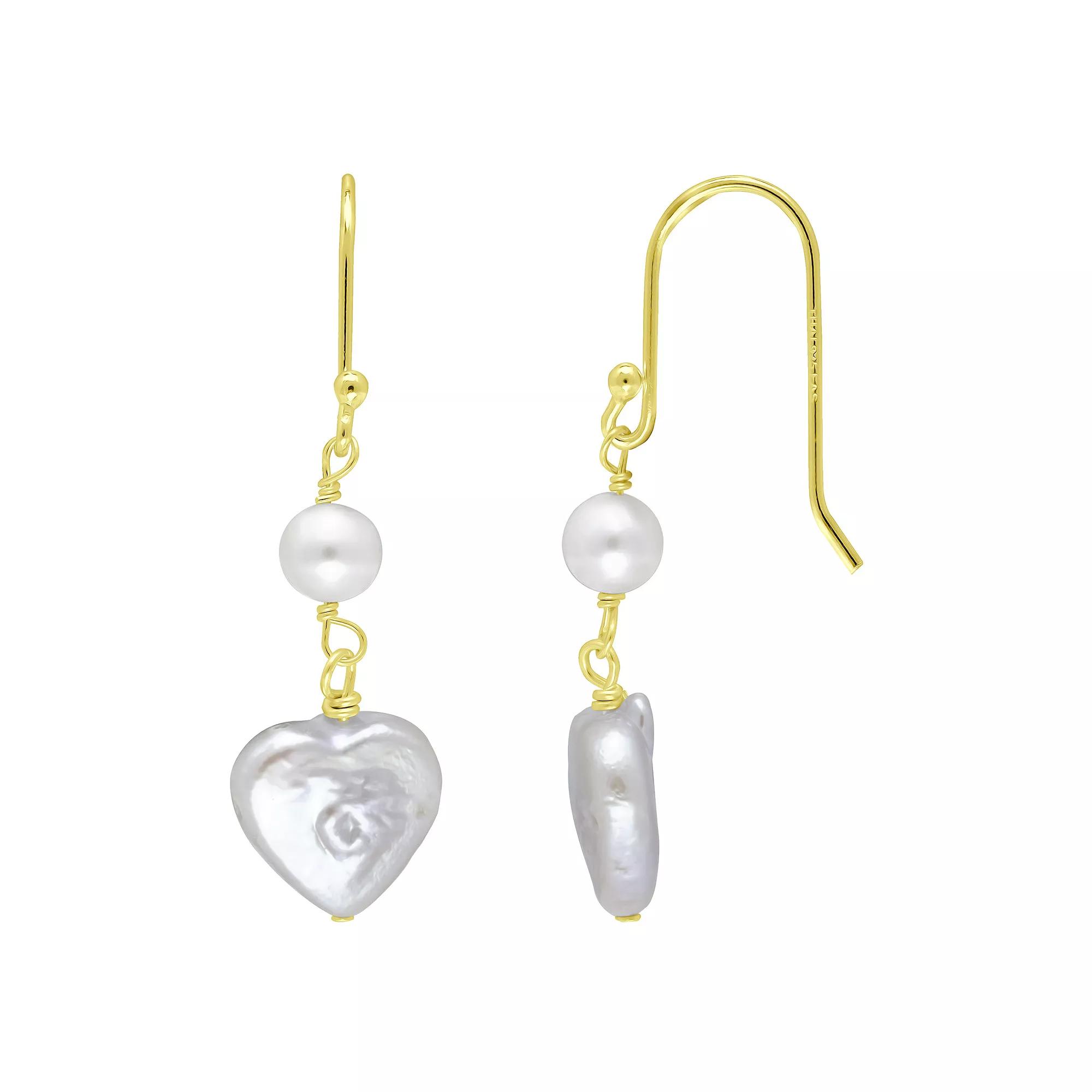 Aleure Precioso 18k Gold Over Silver Heart Shaped Freshwater Cultured Pearl Drop Earrings, Womens, Gold Tone White Product Image