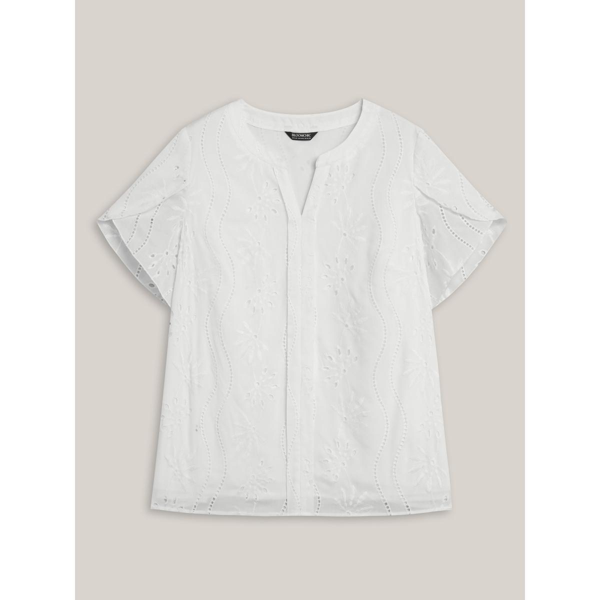 Plus Size Originalwhite Embroidered Petal Sleeve Sheer Shirt Women Elegant Short sleeve Notched collar Everyday Blouses BloomChic 22-24/3X Product Image