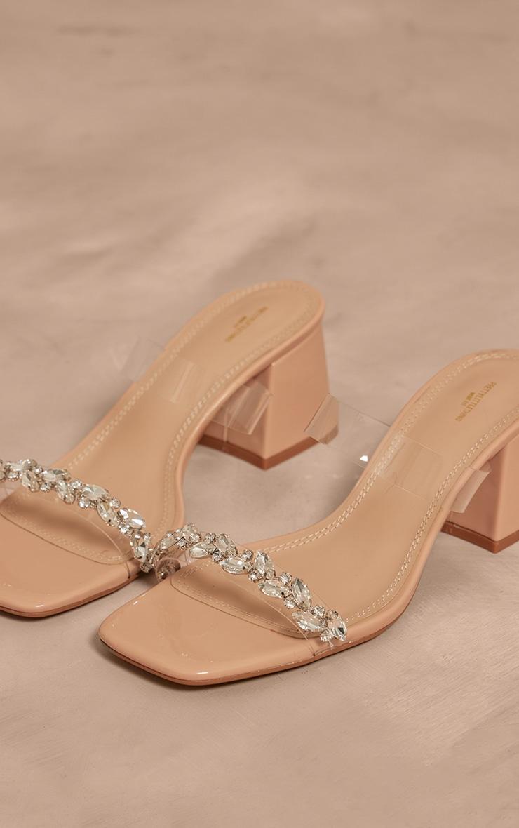 Nude PU Wide Fit Square Toe Jewel Perspex Block Heeled Mules Product Image